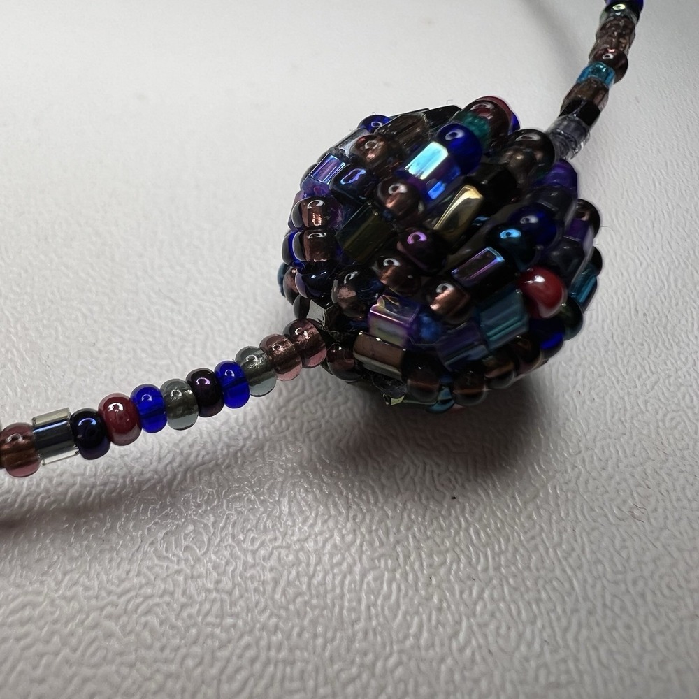 Vintage Necklace Large Woven‎ Beaded Pendant Purple Blue Green